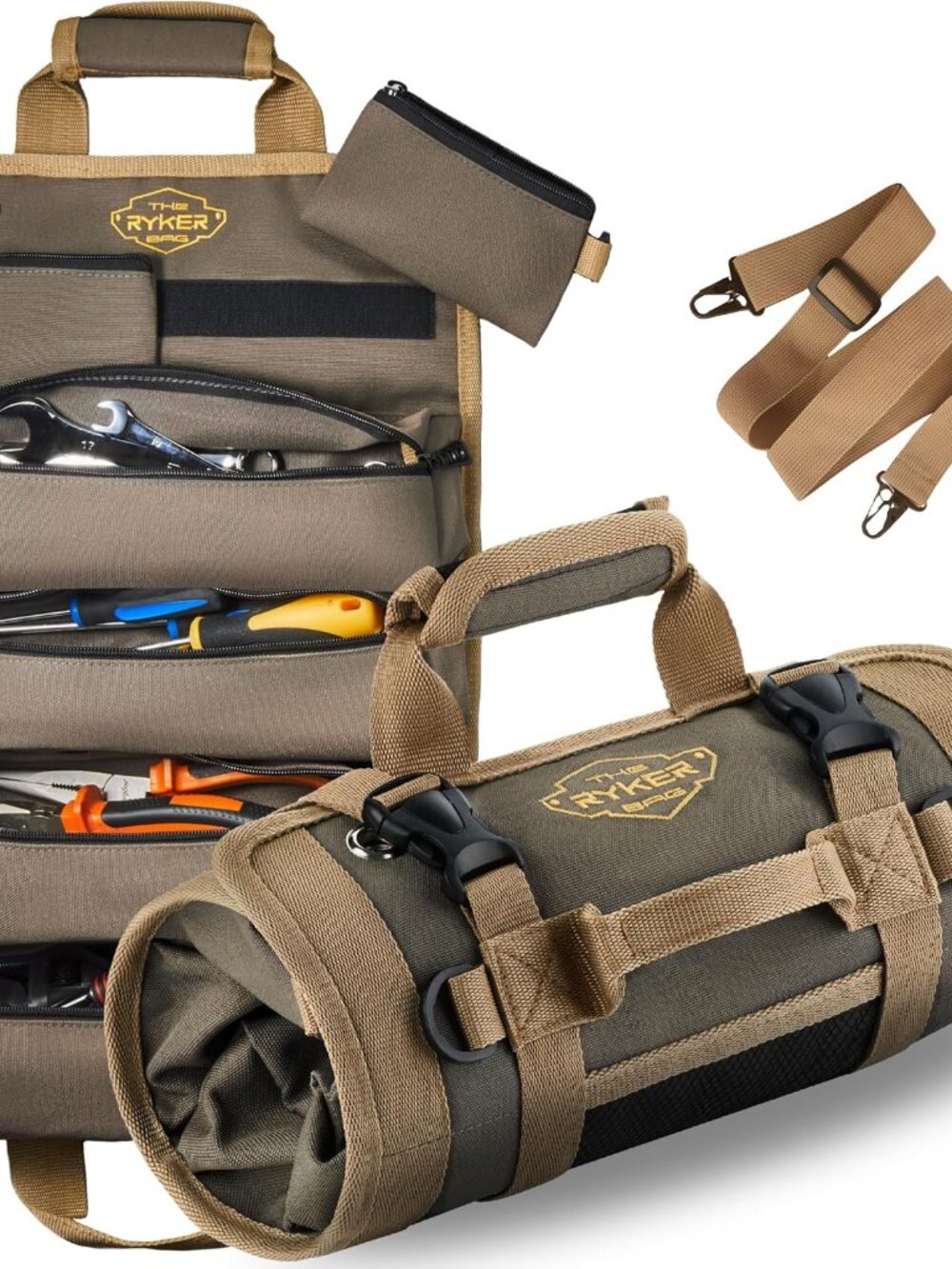 Ryker Heavy Duty Roll Up Tool Bag Organizer w/Detachable Pouches, Khaki